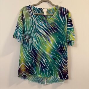 Women’s Chico's Green and Blue Zebra Print short sleeve Blouse size large